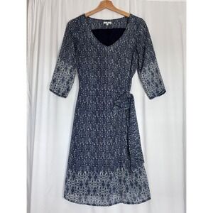 Tom Tailor Navy Blue White Paisley Faux Wrap Tie Waist Dress Size 36 Cottagecore